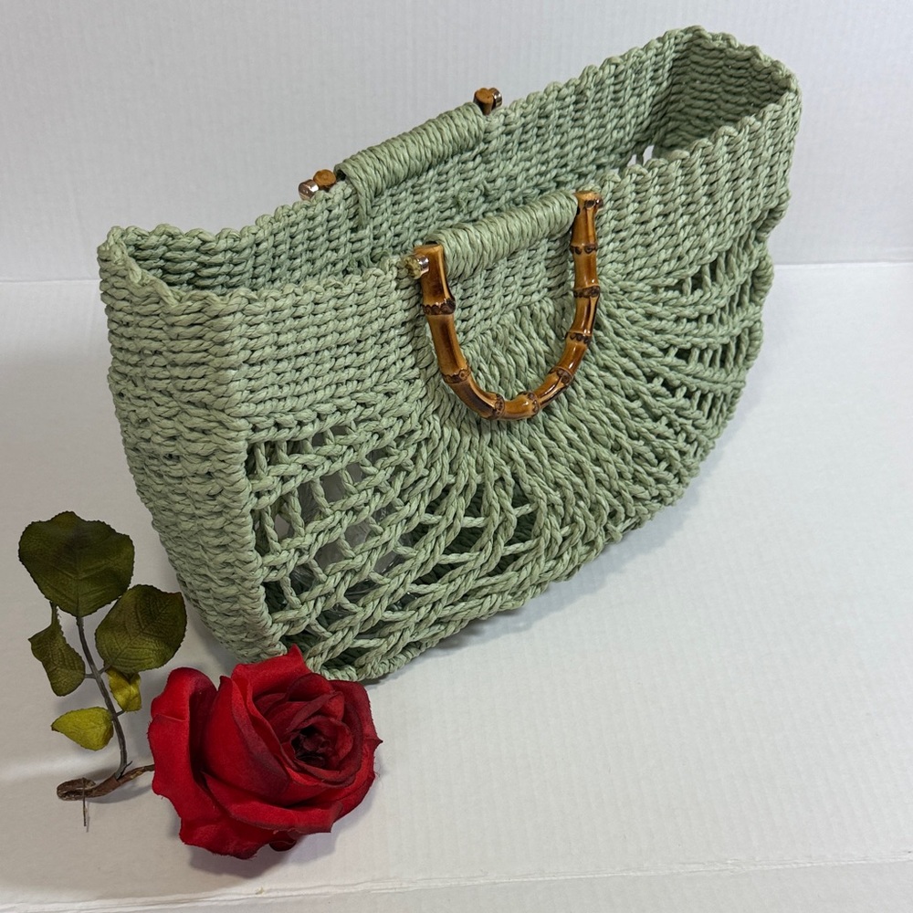 Green Woven Handbag with Bamboo Handles